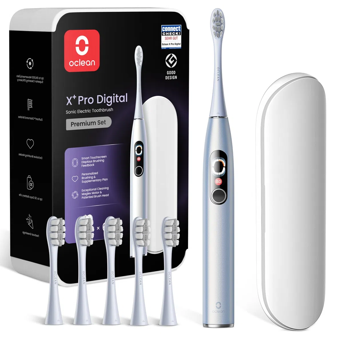 Oclean X Series Pro Digital Travel Set Sonic Electric Brush, 6 głowic, etui podróżne, inteligentny ekran dotykowy, 3 tryby, 30 dni, IPX7, srebrny