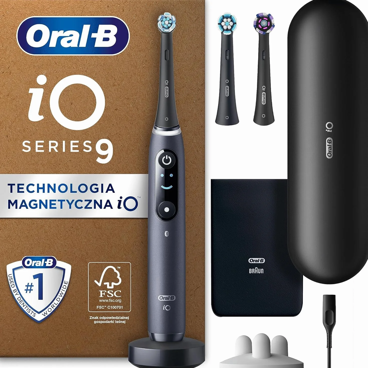 Oral-B iO Seria 9 Szczoteczka Elektryczna, Łączy się z Aplikacją Mobilną Oral-B, z Technologią Magnetyczną iO, 3 Końcówki, Etui Podróżne z Funkcją Ładowania, Czarna