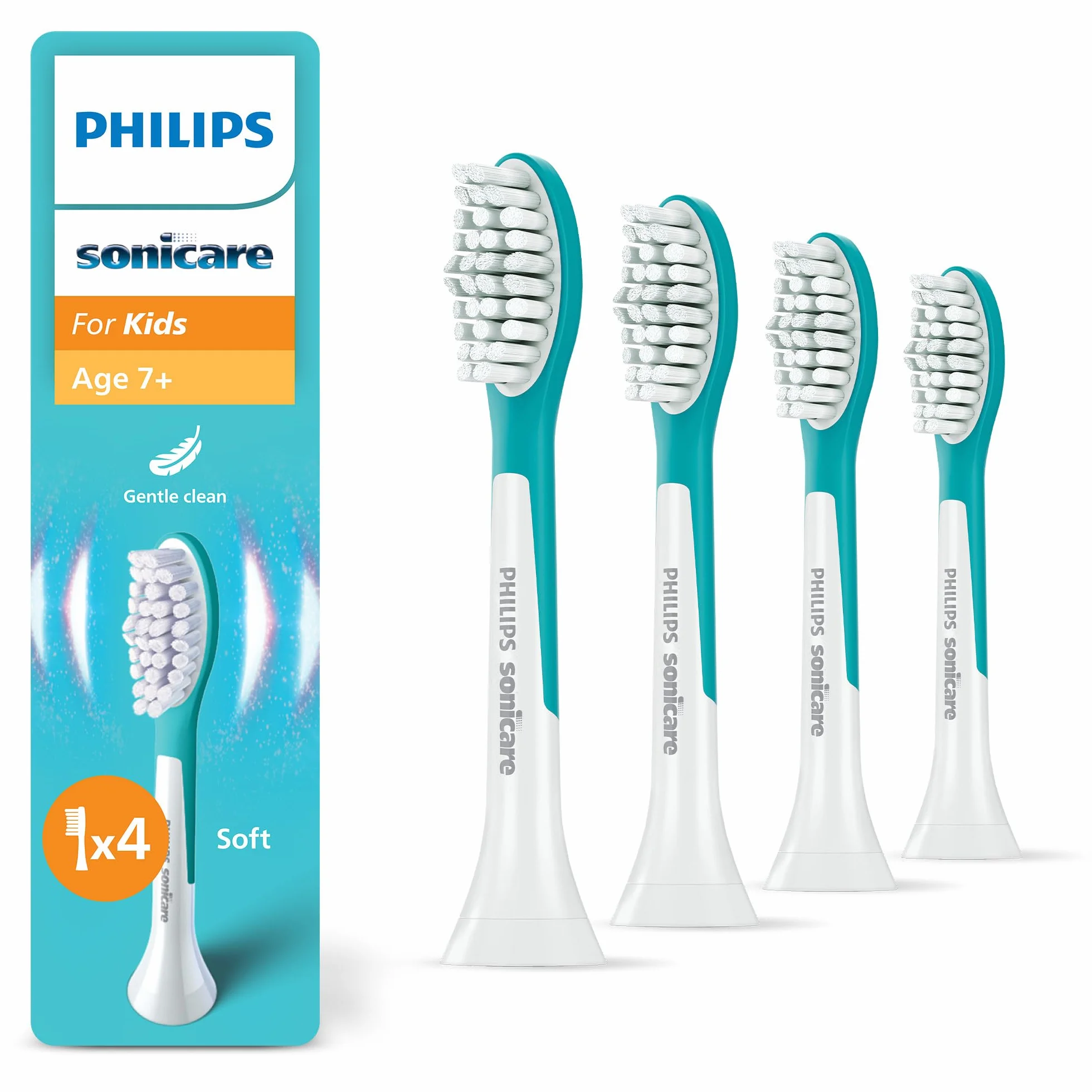 Philips Sonicare For Kids, oryginalne wymienne główki szczoteczki dla dzieci w wieku od 7 lat, 4 sztuki w opakowaniu, HX6044/90, Nowy