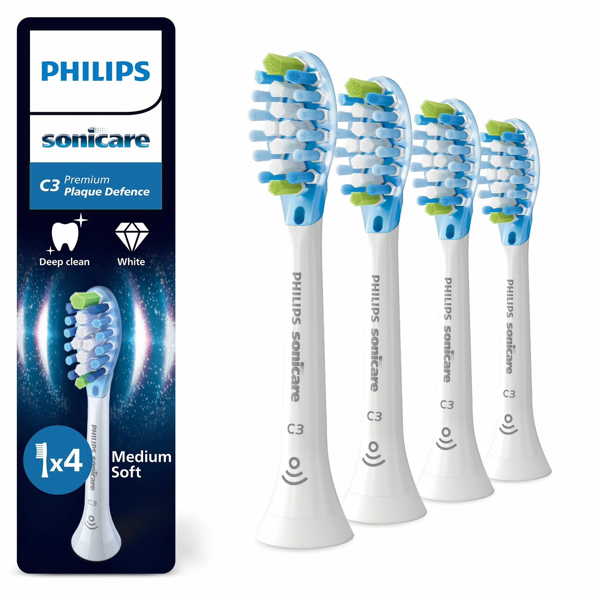 Philips Sonicare C3 Premium Plaque Defence, oryginalne wymienne główki szczoteczki, kolor biały, 4 sztuki w opakowaniu, HX9044/87, Nowy