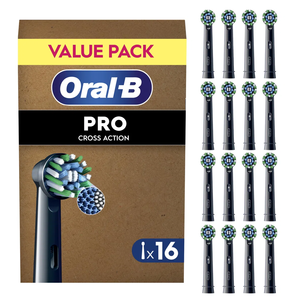 Oral-B Pro Cross Action - oryginalna nasadka do elektrycznej szczoteczki do zębów Oral-B – doskonałe czyszczenie zębów, wymienne szczoteczki z włosiem X, czarne, 16 sztuk