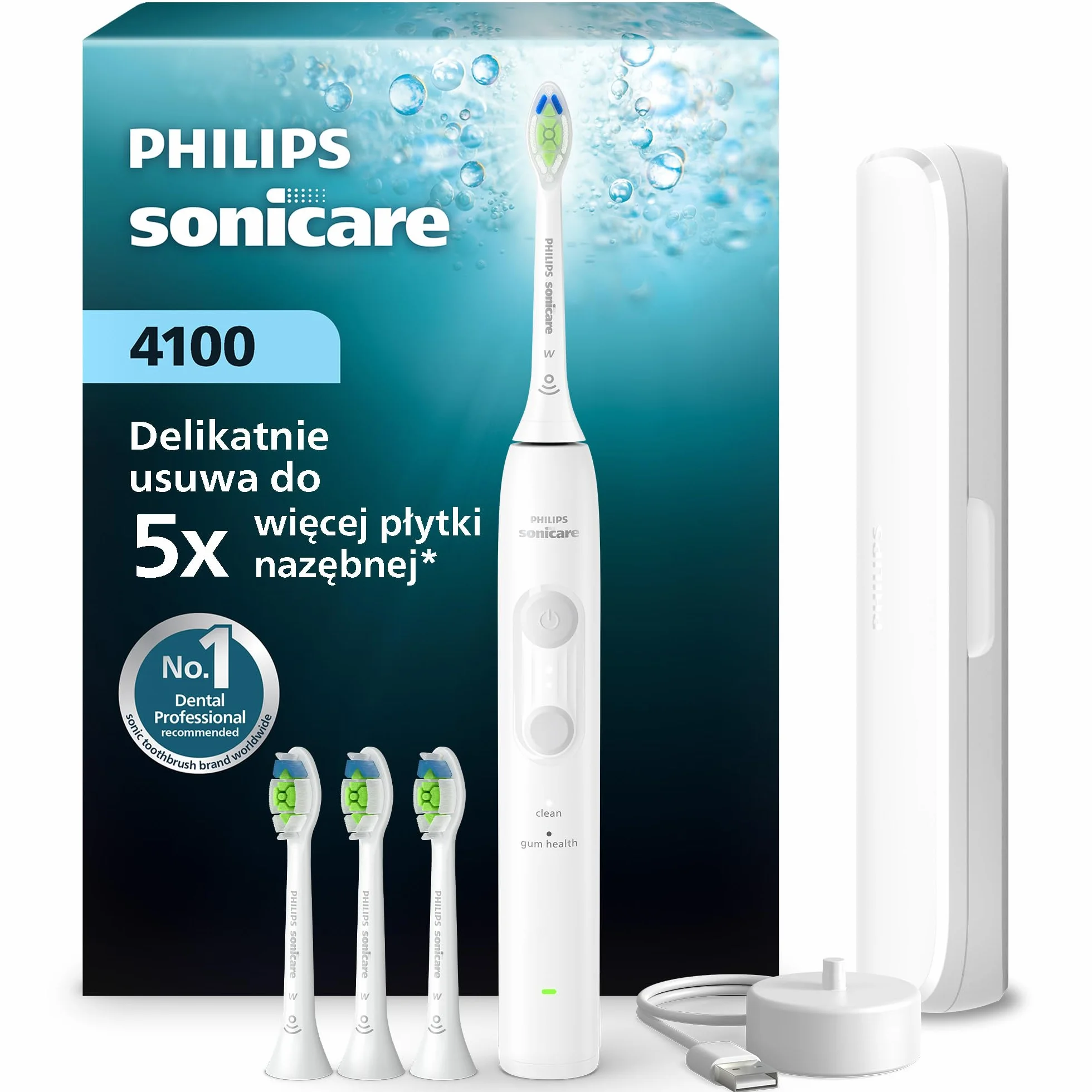 Philips Sonicare z serii 4100 – szczoteczka z czujnikiem siły nacisku, 4 ustawienia szczotkowania, funkcje EasyStart, SmarTimer, 21 dni użytkowania, etui podróżne, biała, model HX4046/41, [Nowy]