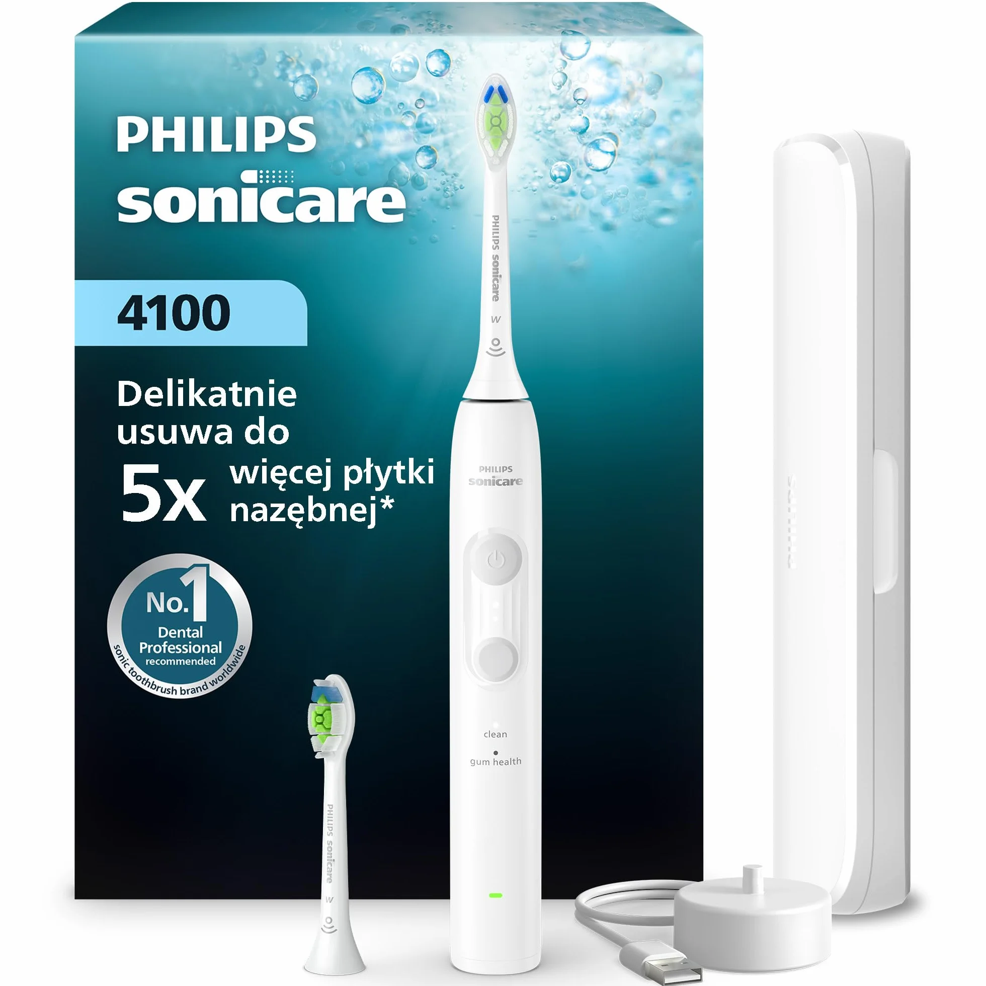 Philips Sonicare z serii 4100 – szczoteczka z czujnikiem siły nacisku, 4 ustawienia szczotkowania, funkcje EasyStart, SmarTimer, 21 dni użytkowania, etui podróżne, biała, model HX4044/41, [Nowy]