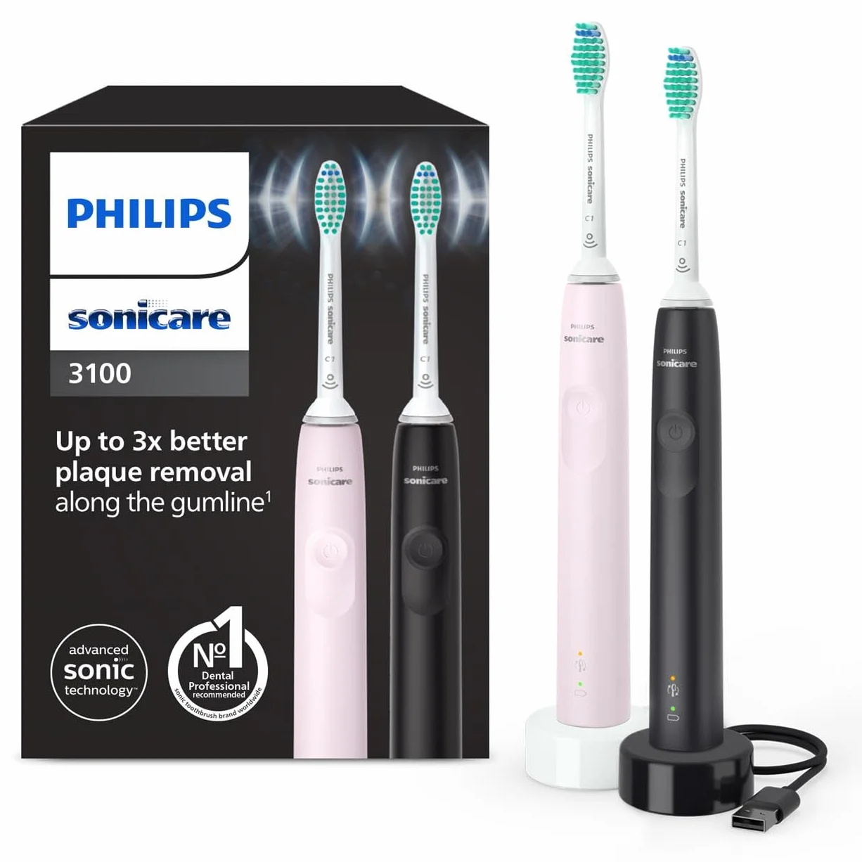 Philips Sonicare 3100, elektryczna soniczna szczoteczka do zębów z czujnikiem siły nacisku i zegarem programowanym, kolor pudrowy róż i czarny, dwie sztuki, HX3675/15