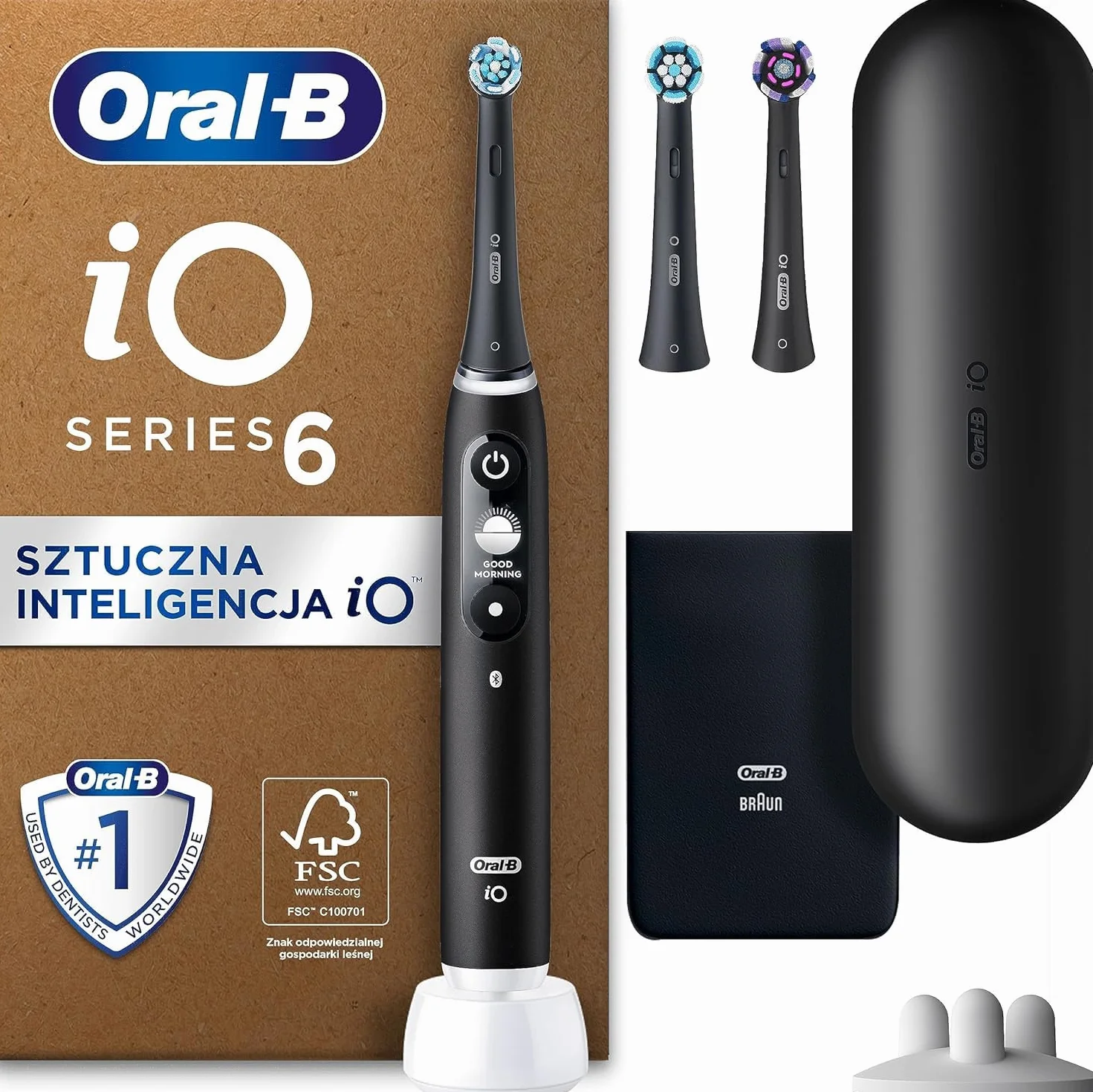 Oral-B iO 6 Czarna szczoteczka elektryczna w zestawie akcesoria, 3 końcówki, 1 etui podróżne, 1 ładowarka, 1 pokrowiec, stworzona w technologii Braun z napędem magnetycznym, interaktywny wyświetlacz