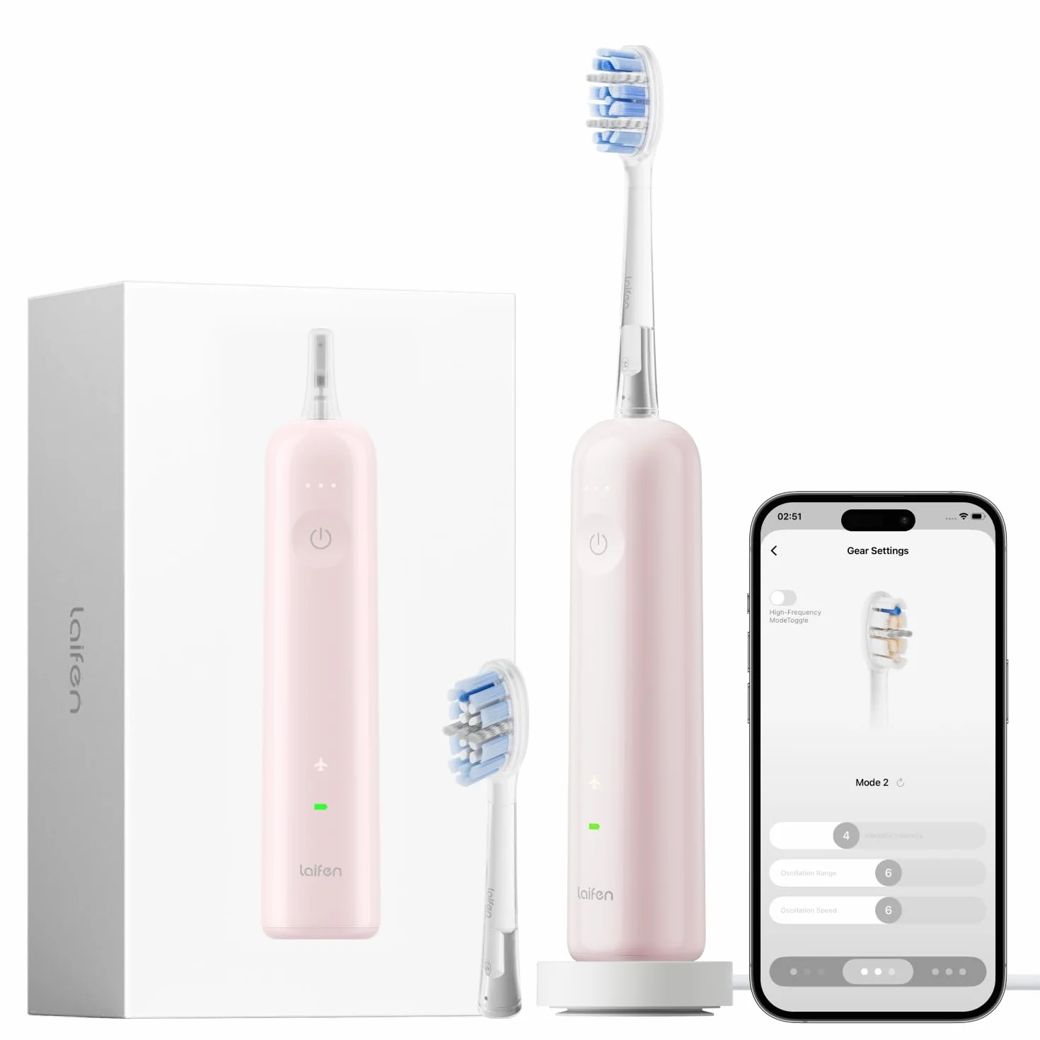 Laifen Wave Pro Sonic elektryczna szczoteczka do zębów dla dorosłych, Sonic Szczoteczka do zębów z oscylacją o 60°, inteligentna aplikacja, bateria 70 dni, 2 głowice, wodoodporna IPX8 (ABS różowy)