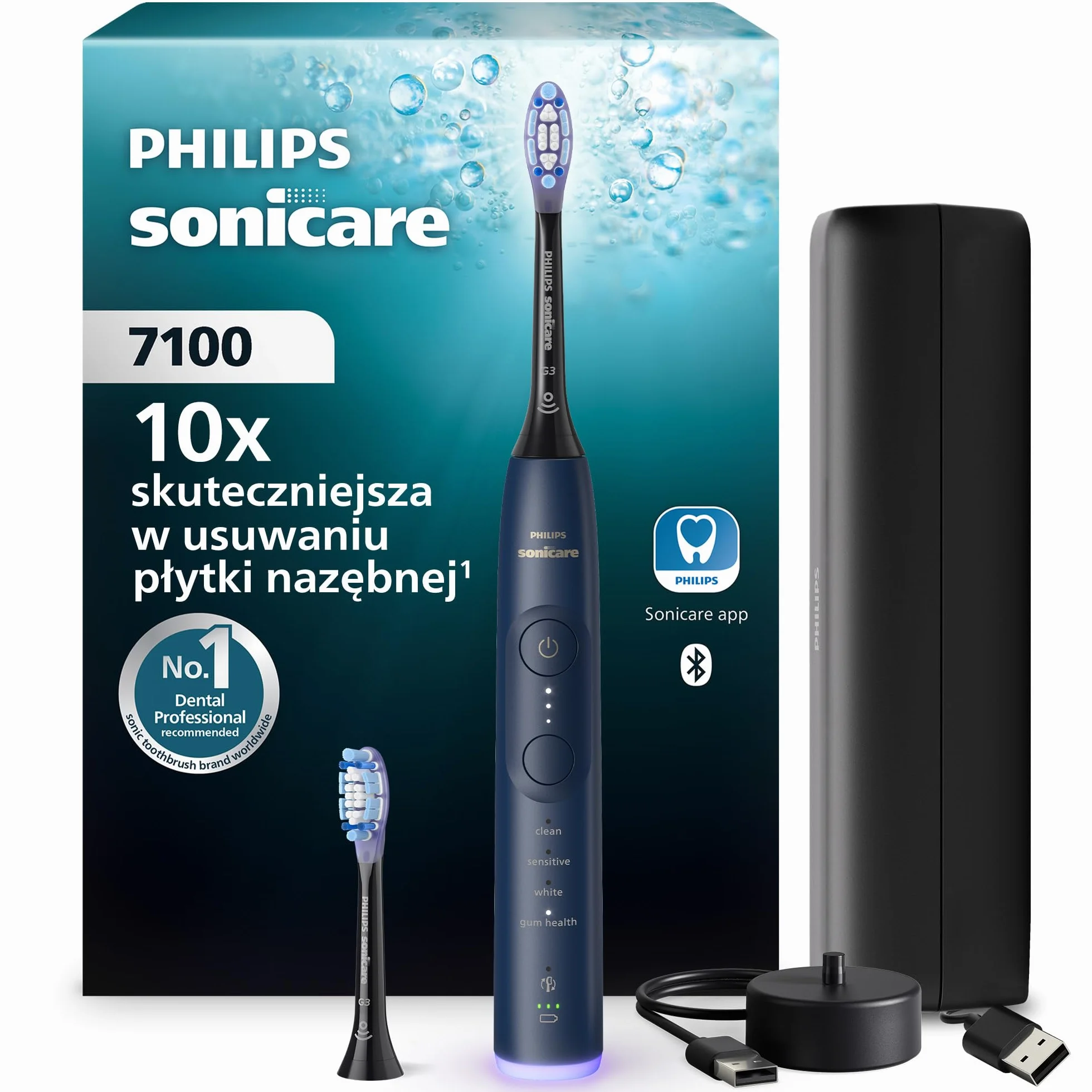 Philips Sonicare 7100 Elektryczna szczoteczka do zębów, szczoteczka soniczna z aplikacją, 4 trybami szczotkowania i 3 poziomami intensywności, SmarTimer, kolor granatowy, HX7423/01 [Nowa technologia]
