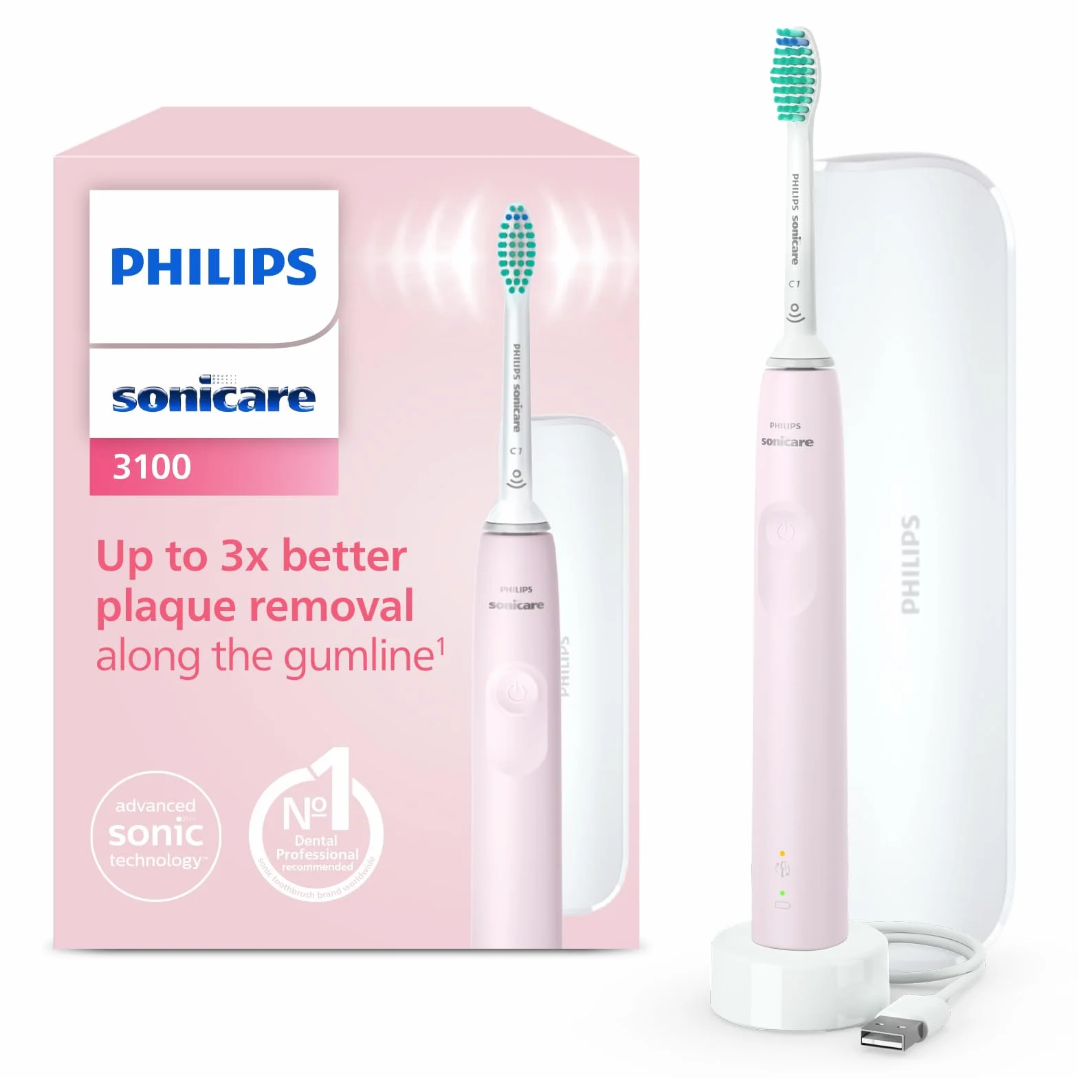 Philips Sonicare 3100, elektryczna soniczna szczoteczka do zębów z czujnikiem siły nacisku i zegarem programowanym, etui podróżne, kolor pudrowy róż, model HX3673/11