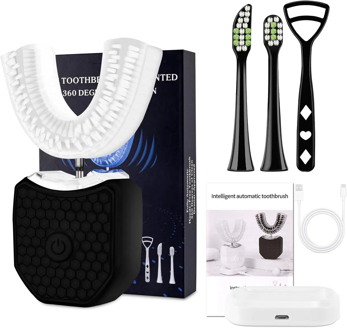 WingFly Elektryczna ultradźwiękowa szczoteczka do zębów, ulepszona, automatyczna szczoteczka do zębów, 360°, w pełni automatyczna, w kształcie litery U, inteligentna szczoteczka do zębów Sonic dla