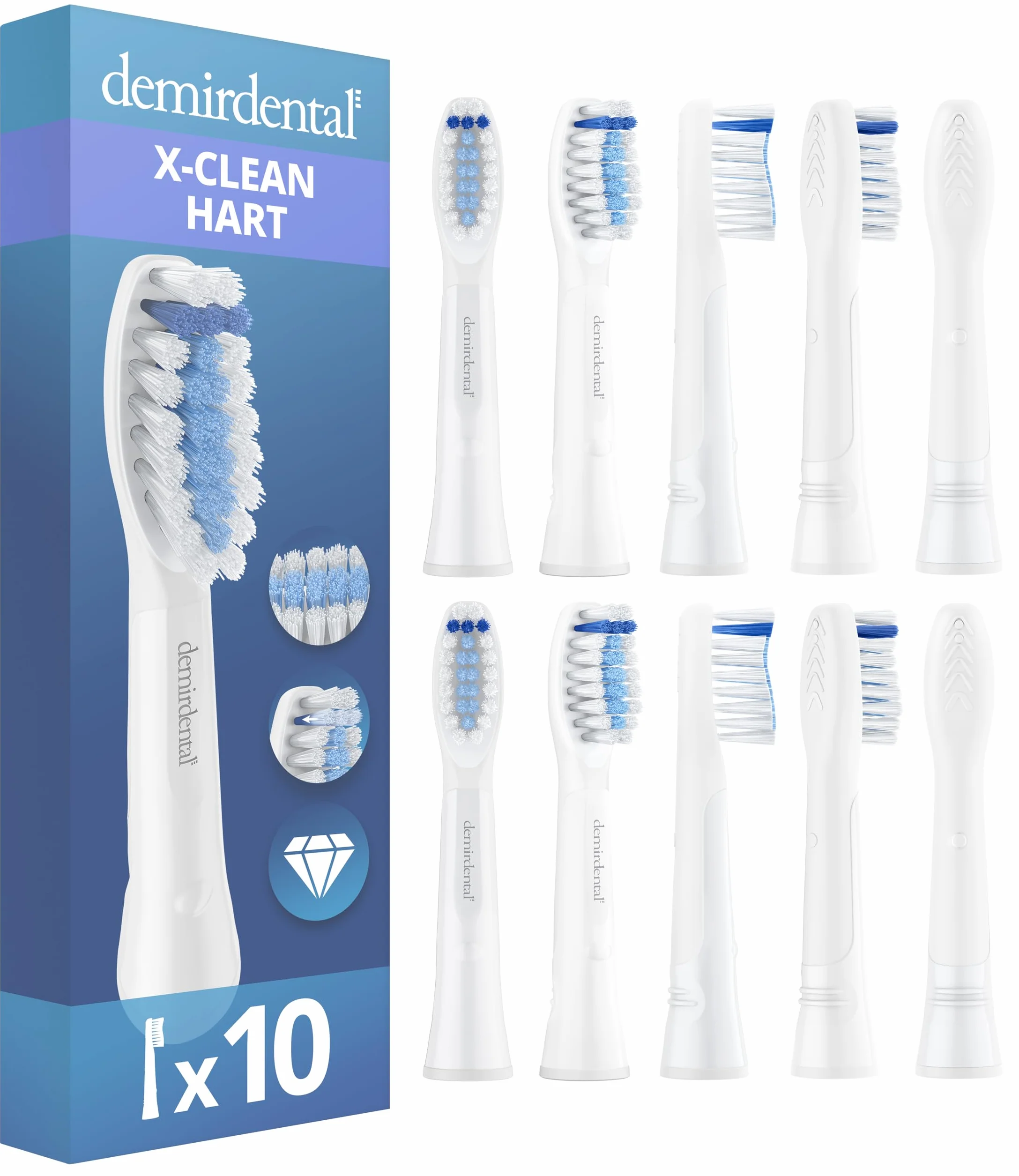 demirdental Końcówki do szczoteczki pasujące do Oral-B Pulsonic, Extra Clean, twarde końcówki, opakowanie 10 sztuk
