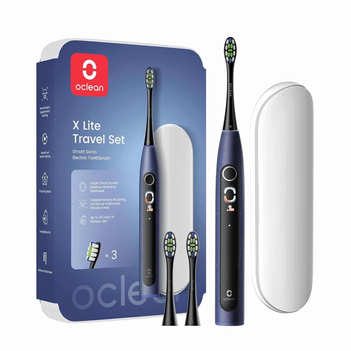 Oclean X Lite zestaw niebieskich szczoteczek do zębów, elektryczna szczoteczka do zębów z 3 wymiennymi głowicami, elektryczna szczoteczka do zębów o klasie wodoszczelności IPX7, 5 programów