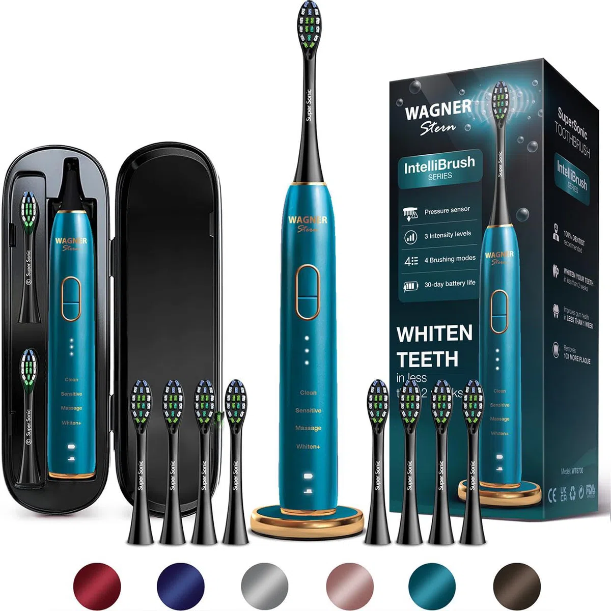 Wagner Stern Elektryczna szczoteczka do zębów IntelliBrush z czujnikiem ciśnienia. Oferuje 4 tryby szczotkowania, 3 intensywności, 8 miękkich głowic szczoteczki i luksusowe etui podróżne.