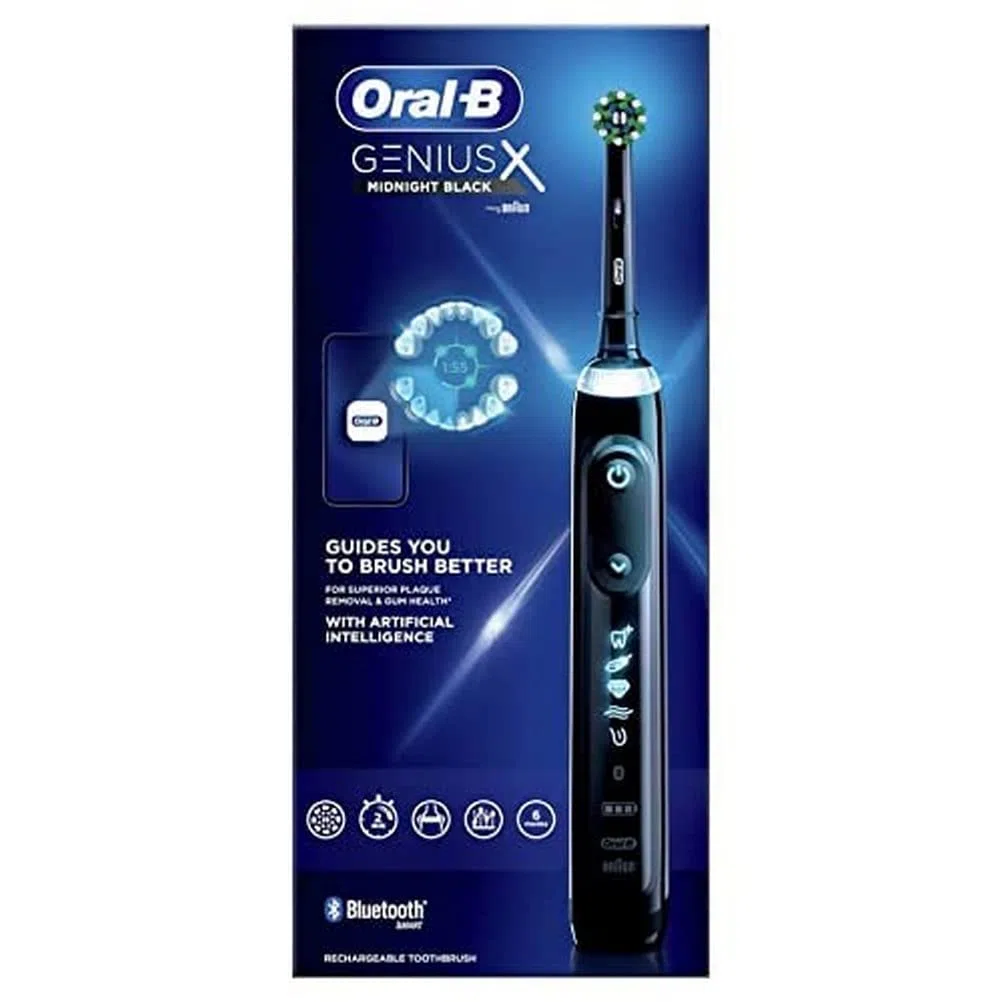 Oral-B Genius X elektryczna szczoteczka do zębów, 6 trybów szczotkowania, chroni dziąsła, działanie wybielające, sztuczna inteligencja, 1 głowica, bateria litowa, pomysł na prezent, kolor czarny