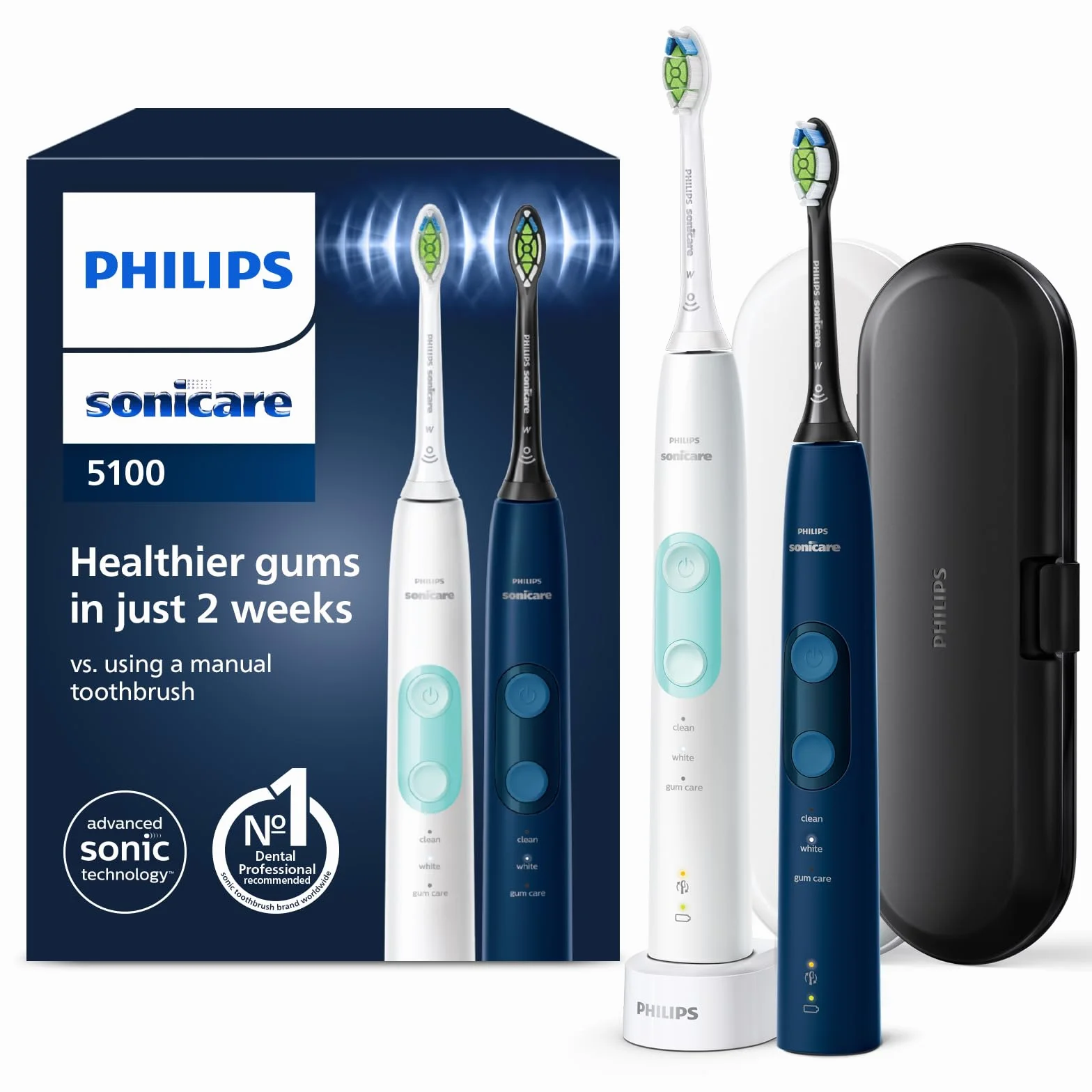 Philips Sonicare ProtectiveClean 5100 HX6851/34 elektryczna szczoteczka do zębów z 3 programami czyszczenia, kontrola nacisku, etui podróżne, kolor biały/niebieski