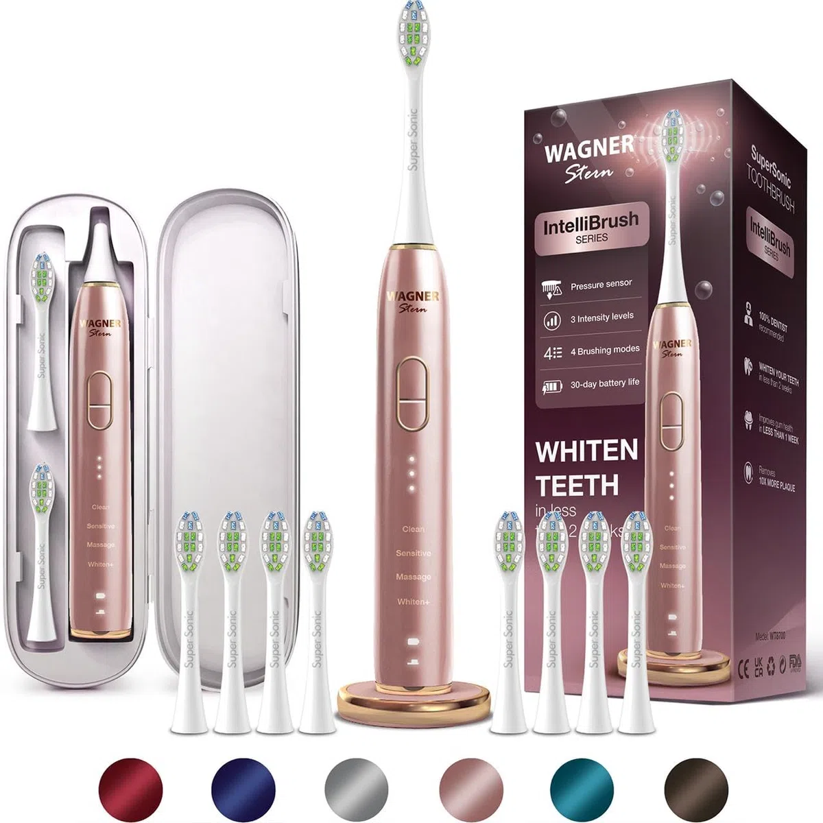 Wagner Stern Elektryczna szczoteczka do zębów IntelliBrush z czujnikiem ciśnienia. Oferuje 4 tryby szczotkowania, 3 intensywności, 8 miękkich głowic szczoteczki i luksusowe etui podróżne.