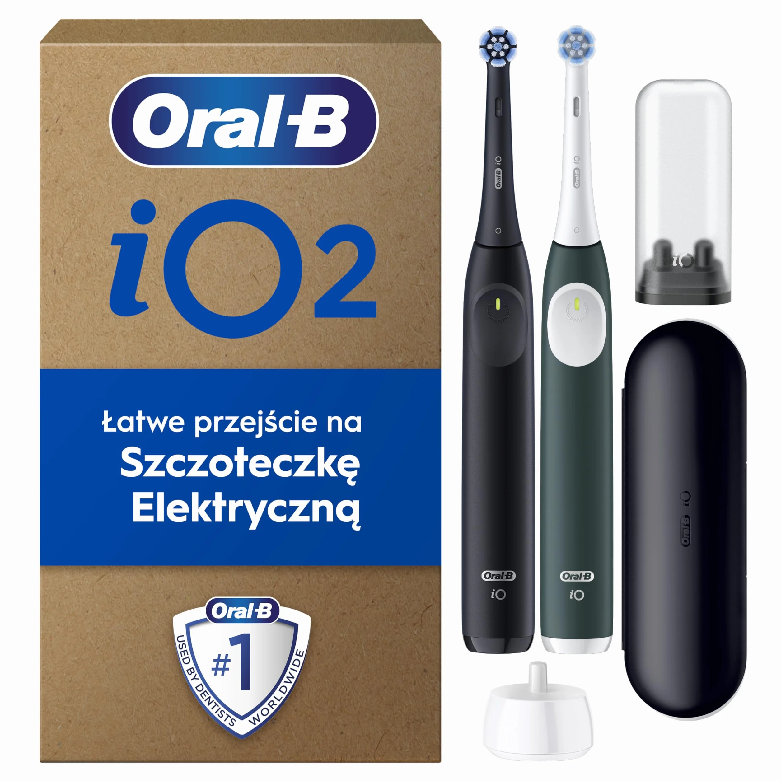 Oral-B iO 2 DUO Night Black i Forest Green Szczoteczki elektryczne, 2 końcówki do szczoteczek elektrycznych, 1 etui podróżne, 1 podróżny uchwyt na końcówkę wymienną, stworzone w technologii Braun