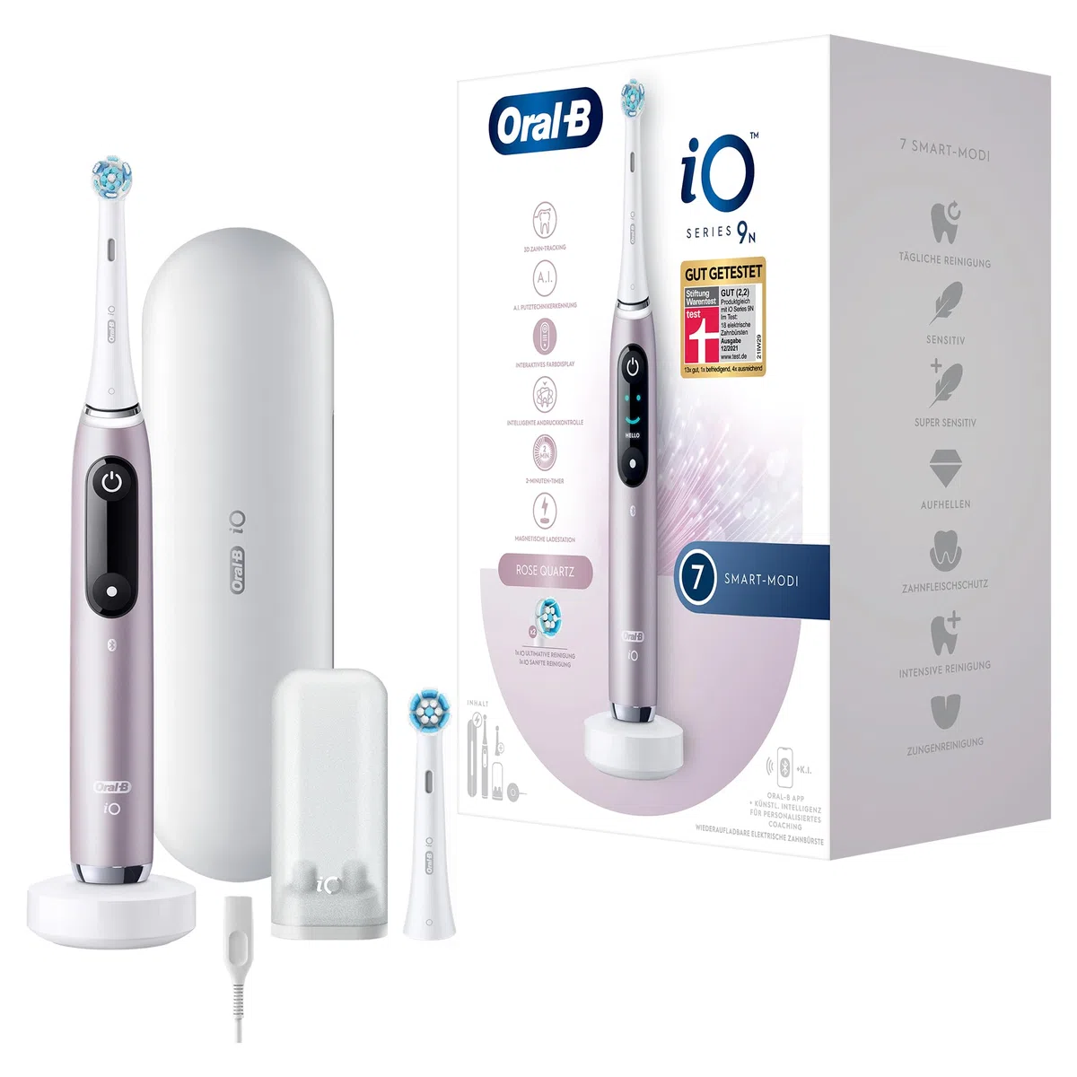 Oral-B iO Series 9 elektryczna szczoteczka do zębów, 2 końcówki, 7 trybów czyszczenia, pielęgnacja zębów, kolorowy wyświetlacz, etui podróżne, różowy kwarc