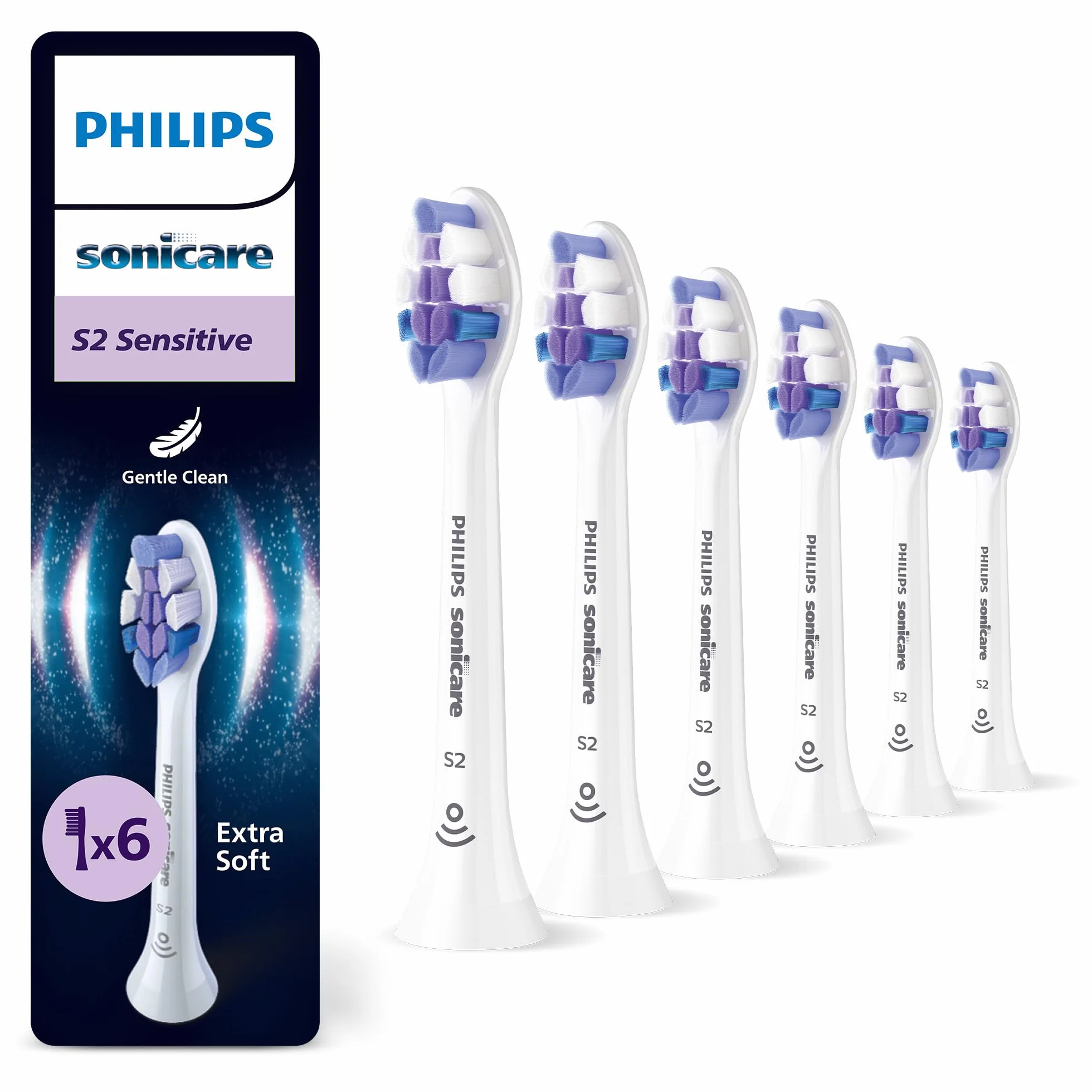 Philips Sonicare S2 Sensitive, oryginalne wymienne główki szczoteczki, kolor biały, 6 sztuk w opakowaniu, HX6056/87, Nowy