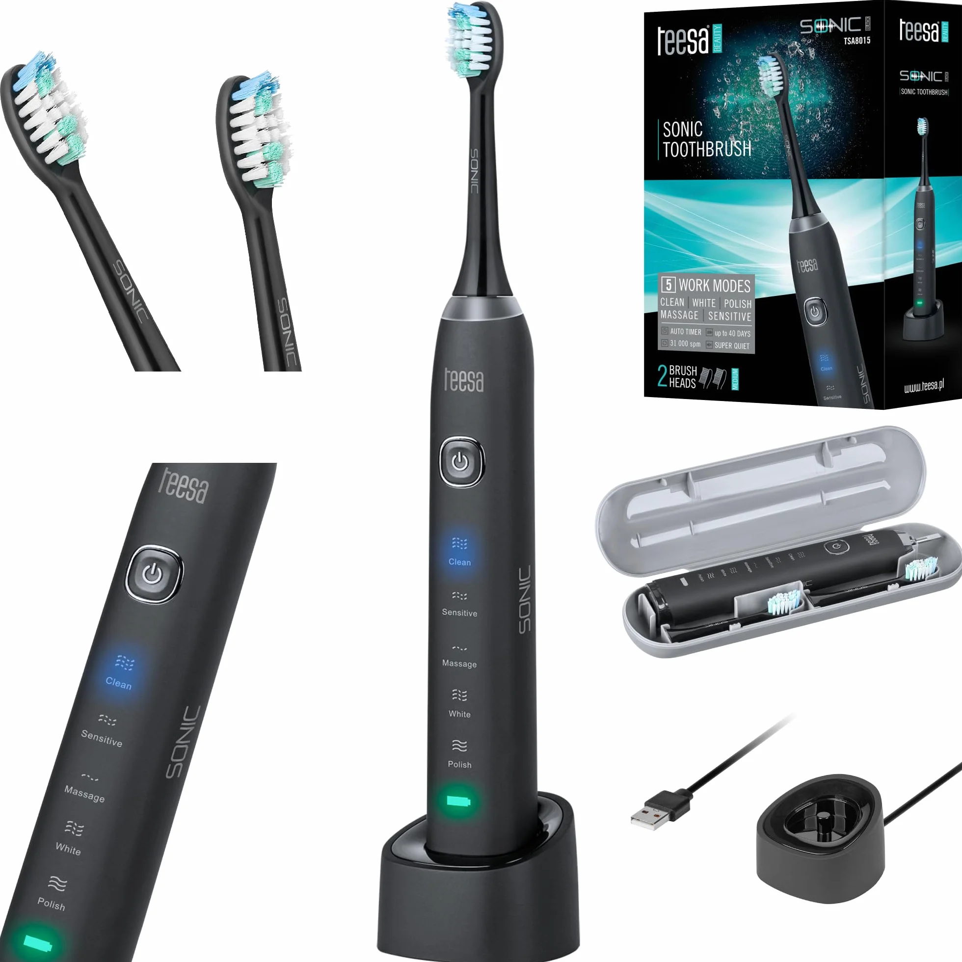 Teesa Szczoteczka Soniczna Do Zębów SONIC BLACK Ochrona IPX7 5 Trybów Pracy Ładowarka Indukcyjna TSA8015 Czarna