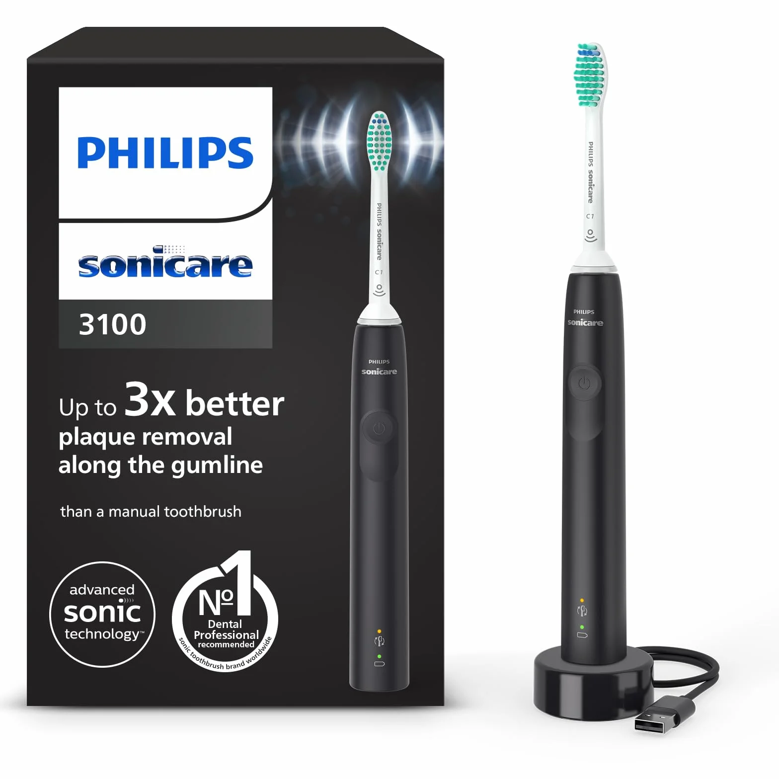 Philips Sonicare 3100, elektryczna soniczna szczoteczka do zębów z czujnikiem siły nacisku i zegarem programowanym, kolor czarny, HX3671/14