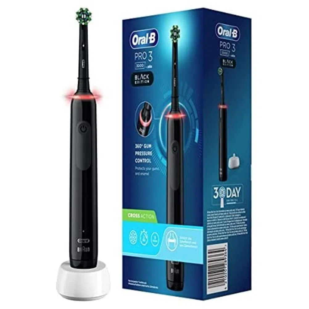 Oral-B PRO 3 3000 CrossAction elektryczna szczoteczka do zębów, z 3 trybami czyszczenia i wizualną kontrolą nacisku 360° do pielęgnacji zębów, zaprojektowana przez Braun, czarna