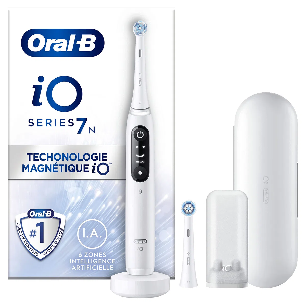 Oral-B iO 7N Biała elektryczna szczoteczka do zębów połączona z Bluetooth, 2 szczotki, 1 etui podróżne