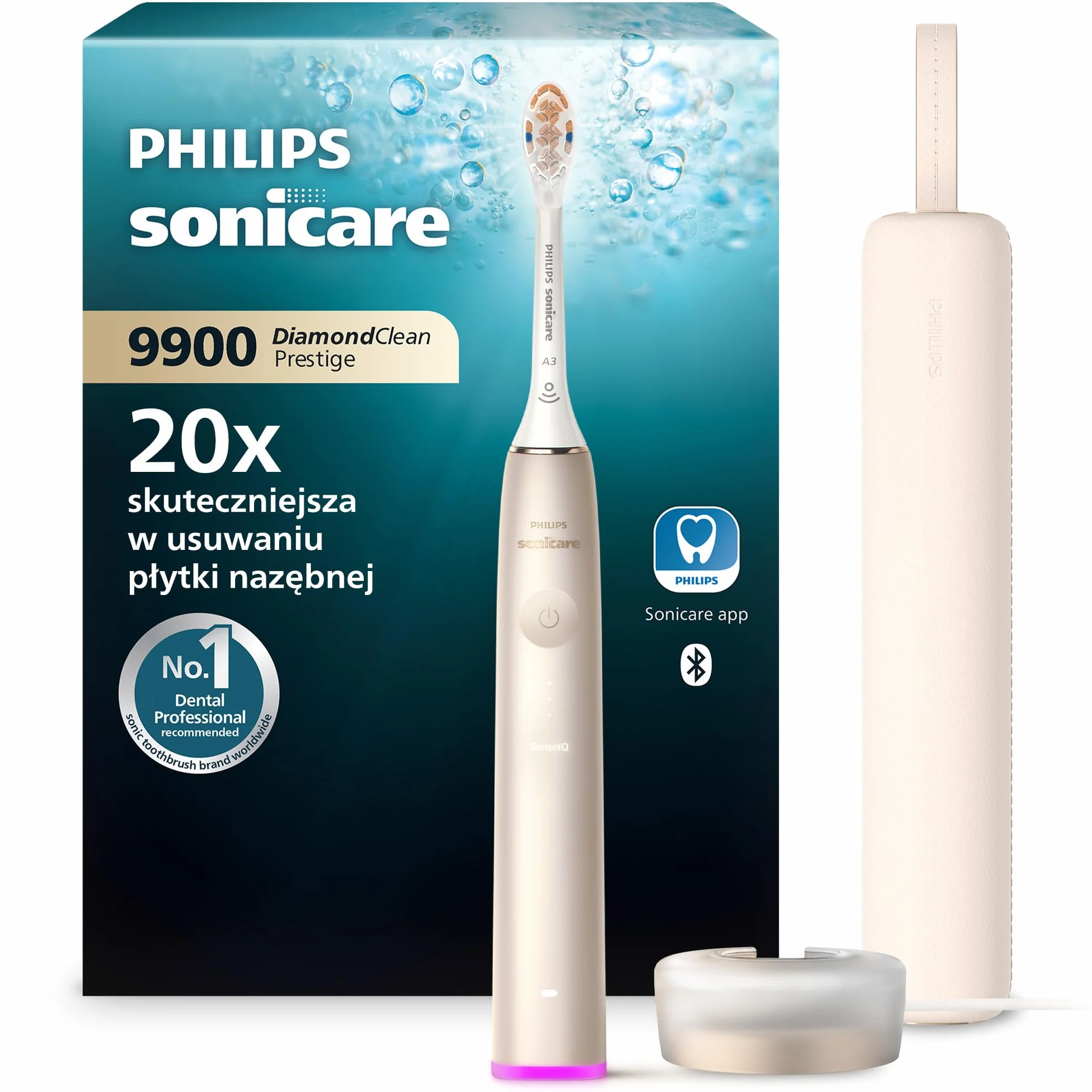 Philips Sonicare DiamondClean Prestige 9900 elektryczna soniczna szczoteczka do zębów z wysokiej klasy główką szczoteczki A3 typu All-in-One i etui do ładowania w kolorze szampańskim (model HX9992/11)