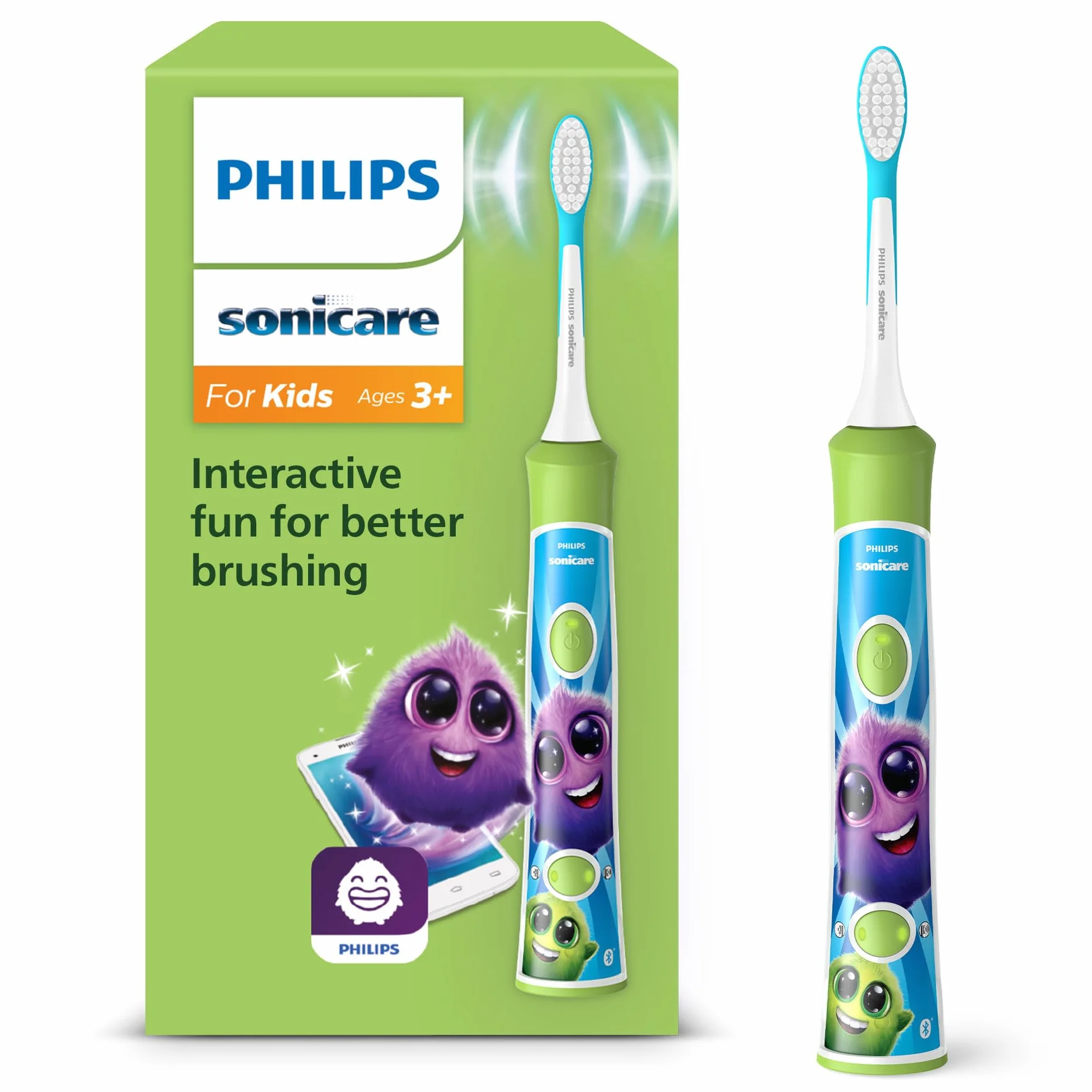 Szczoteczka soniczna Philips Sonicare dla dzieci powyżej 3 lat, mobilna aplikacja, funkcje SmarTimer i QuadPacer, kompleksowe czyszczenie, kolor zielony, model HX6352/11