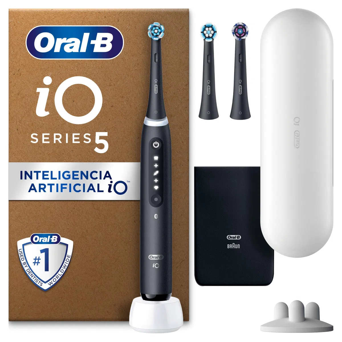 Oral-B Elektryczna szczoteczka do zębów iO5, czarna, 3 szczotki, 1 etui podróżne, 1 kieszeń, 1 uchwyt na szczoteczki
