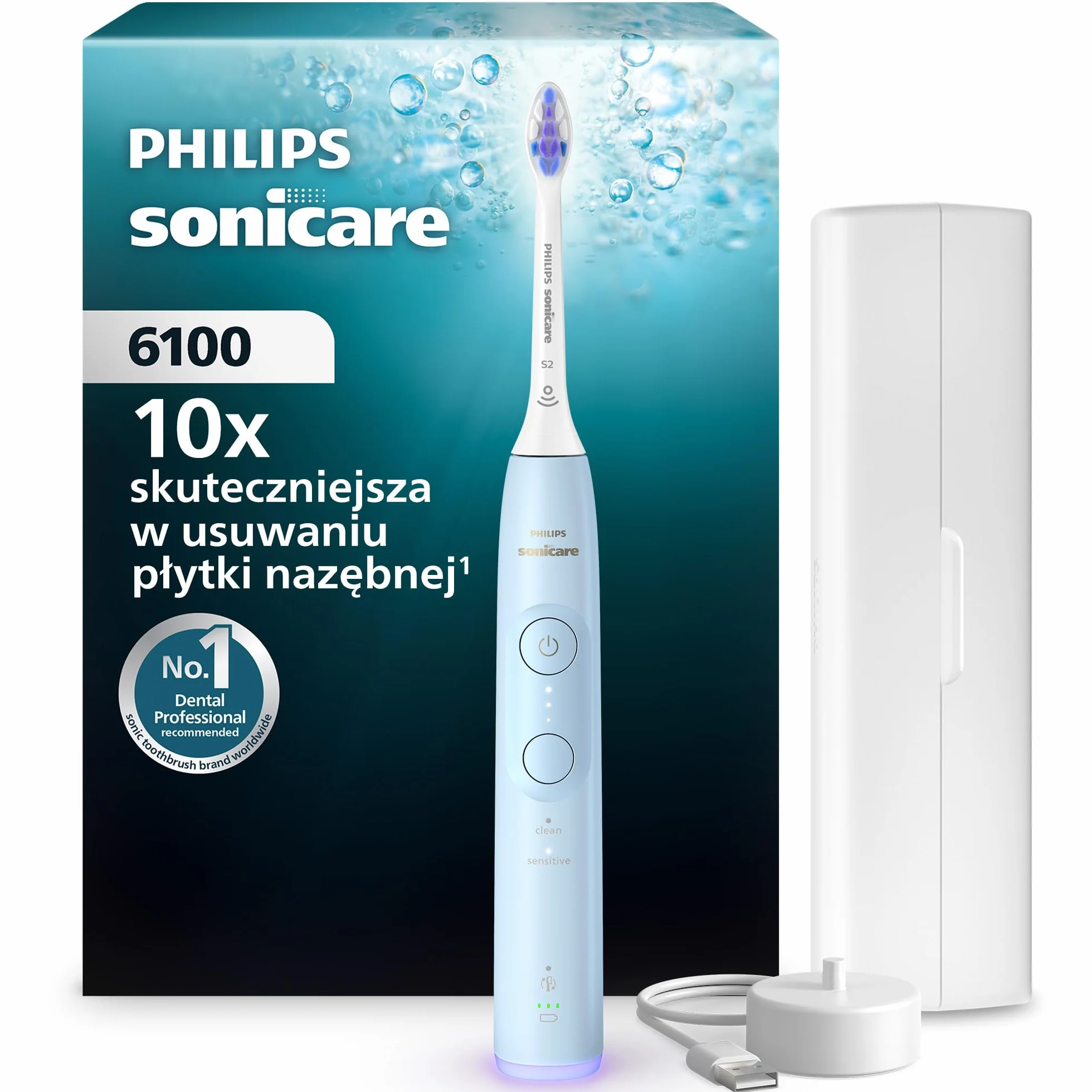 Philips Sonicare 6100 Elektryczna szczoteczka do zębów, szczoteczka soniczna z 2 trybami szczotkowania i 3 poziomami intensywności, EasyStart, kolor jasnoniebieski, HX7406/02 [Nowa technologia]