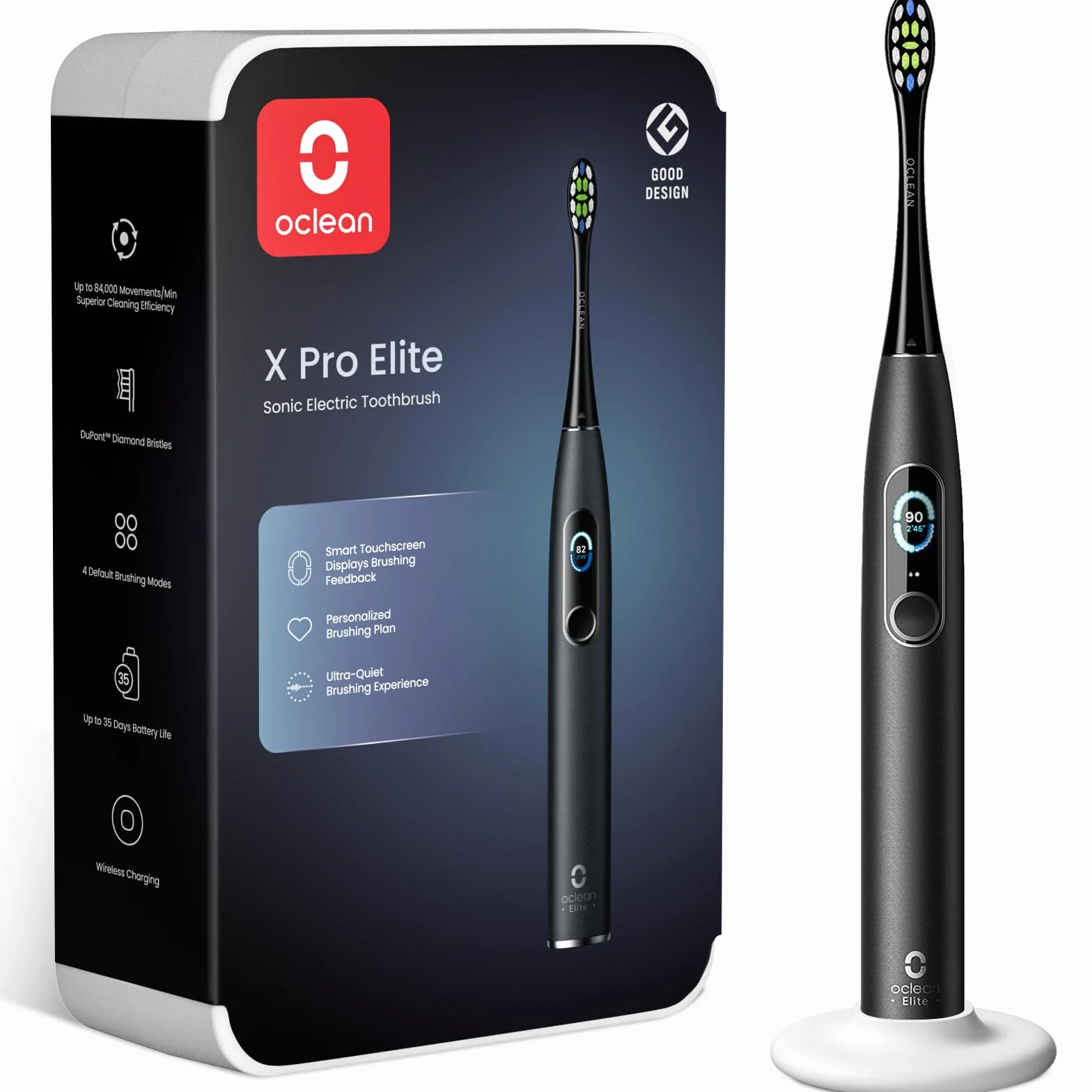 Oclean Szczotka elektryczna X Series Pro Elite, Super cichy, inteligentny ekran dotykowy, 4 tryby, 32 poziomy intensywności, 35 dni użytkowania, IPX7, uchwyt ścienny, opakowanie ekologiczne, czarny