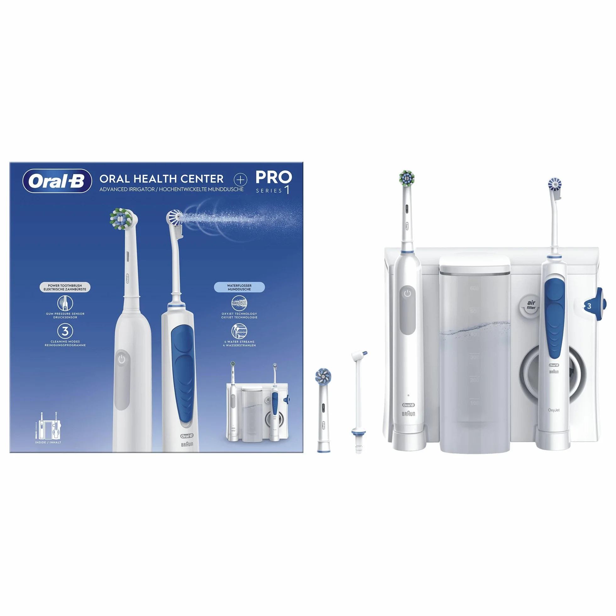 Oral-B Oral Health Center Pro Series Elektryczna szczoteczka do zębów i szczoteczka do zębów, 1 kaniula Oxyjet, 1 kaniula wodna, 4 strumienie wody i 5 ciśnień, 2 szczotki, akumulator