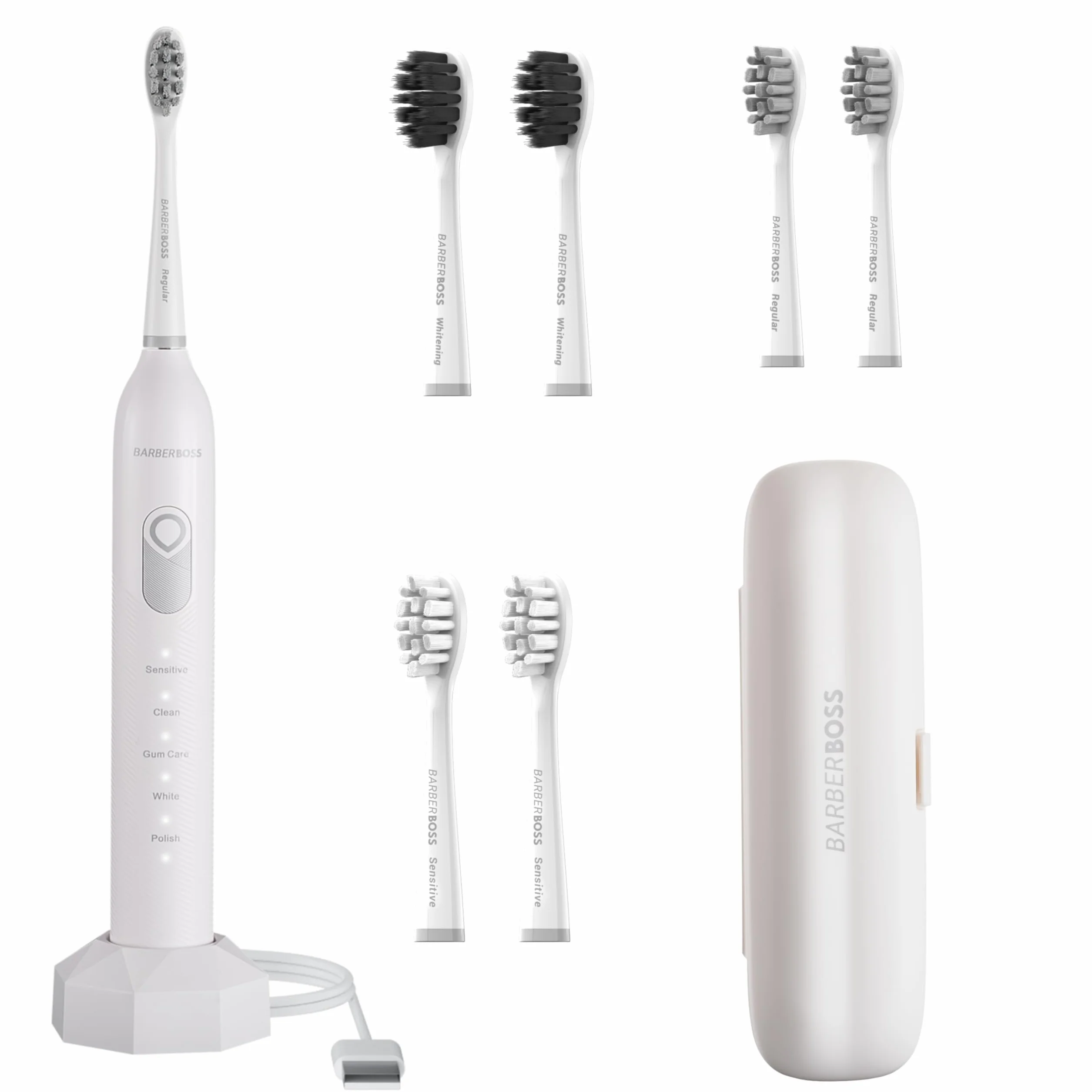 BarberBoss Elektryczna szczoteczka do zębów Sonic – 5 trybów szczotkowania, 6 głowic szczotek, osłona ciśnieniowa, inteligentny timer i etui podróżne, Biała
