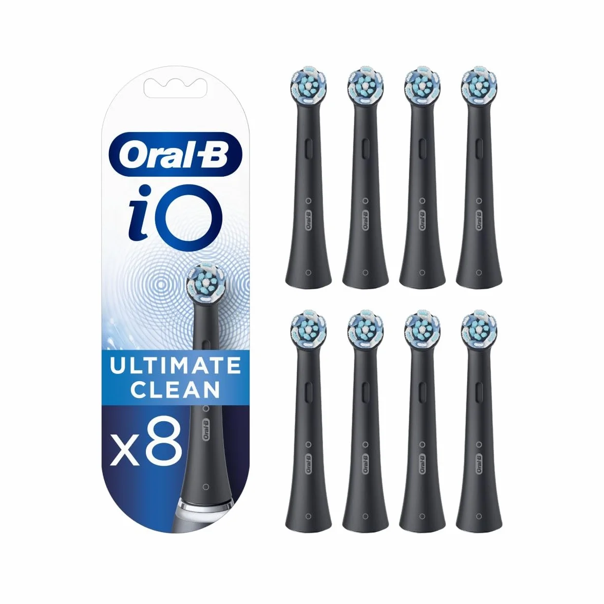 Oral-B iO Ultimate Clean Black wymienne okrągłe końcówki do szczoteczki elektrycznej z technologią magnetyczną dla lepszego czyszczenia zębów; w zestawie 8 sztuk, czarne