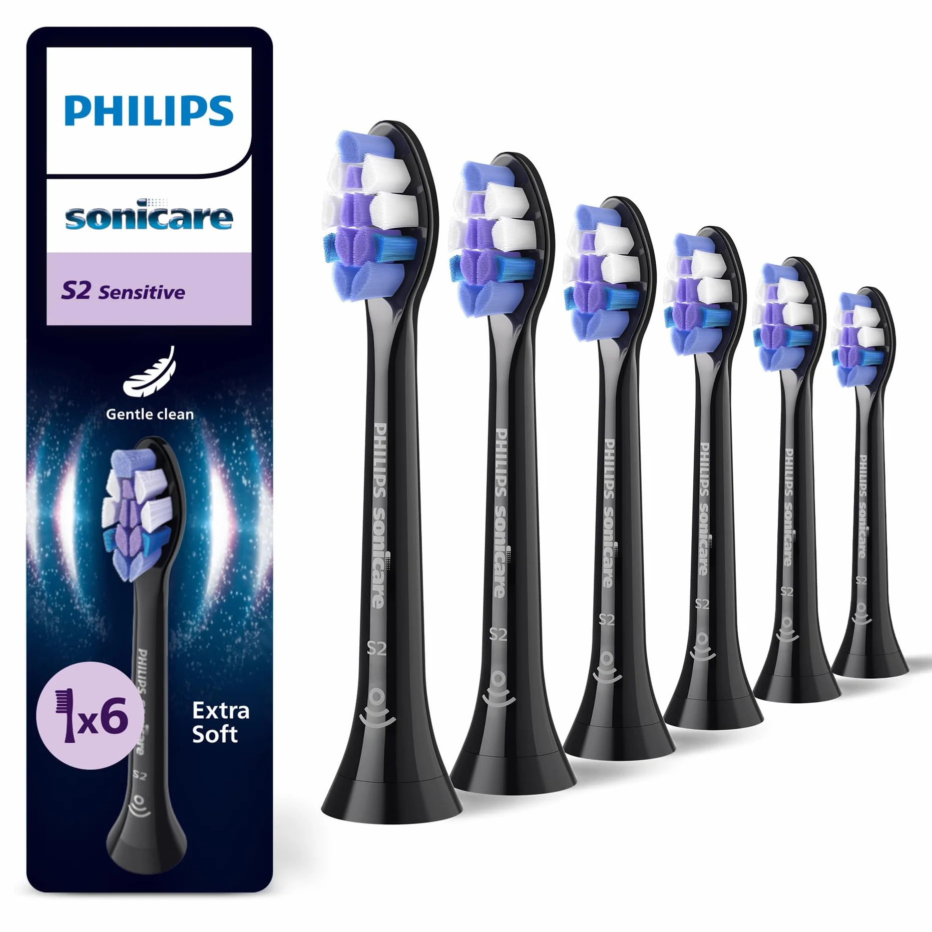Philips Sonicare S2 Sensitive, oryginalne wymienne końcówki szczoteczki sonicznej, kolor czarny, sześciopak, HX6056/88